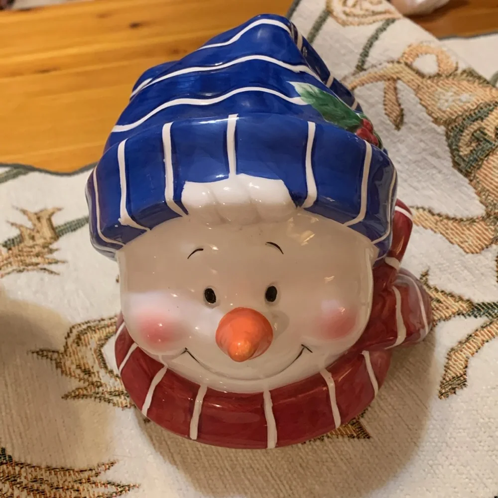 Vintage Houston Harvest, Snowman cookie jar, Blue Willow, EUC